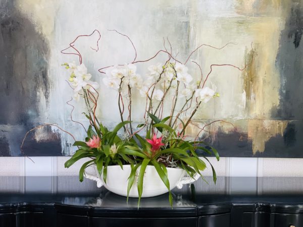 Potted orchid for a grand statement with willow branches and bromeliads